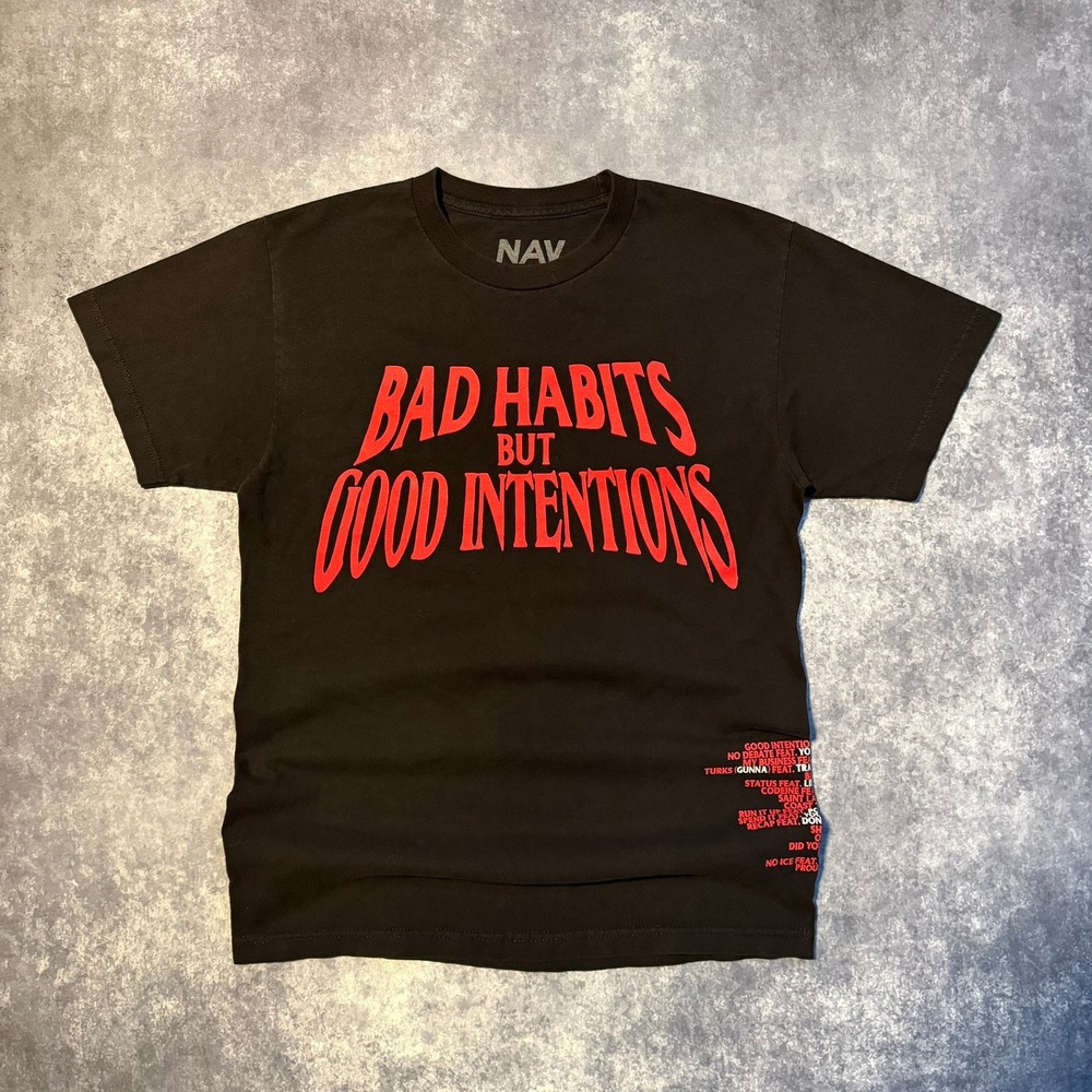 NAV x Vlone Bad Habits Good Intentions T-Shirt Mens Medium Black Red Rap Tee